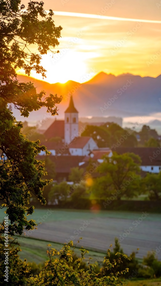Fototapeta premium Sunrise over village church, mountain vista