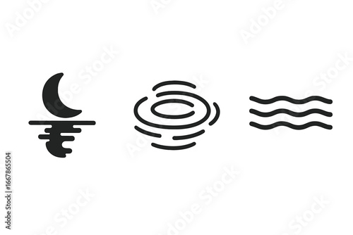 Water reflection solid icon set. Vector glyphs of mirrored moon on a still lake, a rippling surface, and gentle waves. Abstract liquid motion, water texture, and nature elements.