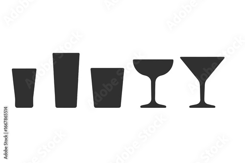 Cocktail glassware icon set. Vector silhouettes of shot, highball, tumbler, coupe, and martini glasses. Barware graphics for alcohol, drinks, bar, and party concepts.