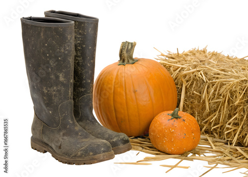A pair of muddy boots with pumpkins and a bale of hay on a black backdrop for fall harvest season