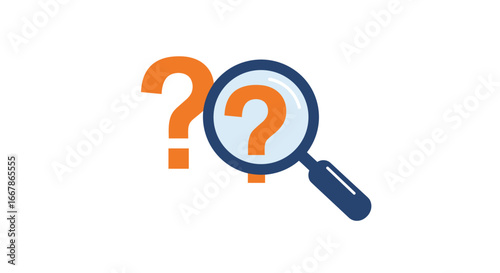 Magnifying glass and question marks on white background