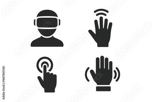 Virtual reality solid icon set. VR headset, hand tracking, gesture control, haptic feedback symbols. For metaverse, AR, gaming, UI, and UX design. Vector illustration.