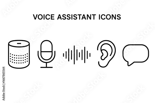 Voice assistant line icon set. Smart speaker, microphone, sound wave, listening ear, speech bubble. Concept for AI, voice recognition, audio command, smart home, IoT.