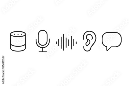 Voice assistant icon set. Outline symbols for smart speaker, AI, microphone, audio wave, listening, speech recognition. Concept for voice control technology, UI, UX design.