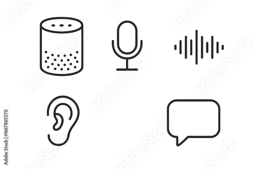 Voice assistant icon set. Smart speaker, microphone, waveform, listening ear, speech bubble outline icons. AI technology, voice recognition, audio control and communication symbols.
