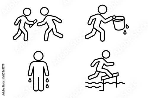 Outline icons for water relay race challenges. Vector graphic set for team building, summer games. Baton pass, water bucket run, soaked player, and hurdle obstacle course.