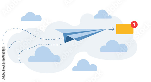 Paper airplane delivering email notification through the cloudy sky