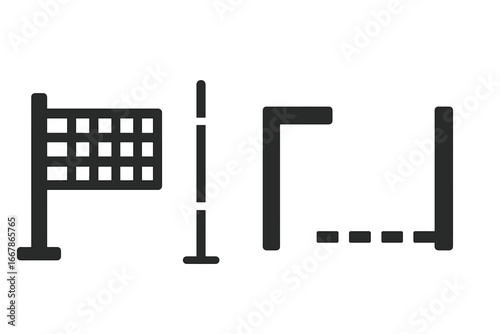Volleyball court icon set. Solid glyph symbols collection of game elements. Vector pictograms of net, post, antenna, boundary line, and attack line for sports design.