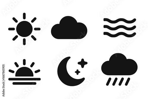 Weather glyph icon set. Solid black silhouette symbols for forecast app. Sun, cloud, rain, wind, wave, moon, star, sunrise. Meteorology vector graphic elements on white.