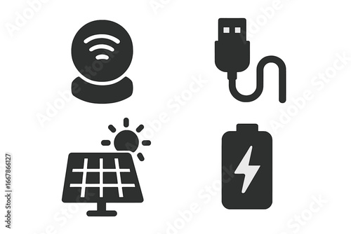 Power and energy icon set. Solid glyph icons of wearable technology. Wireless charger, usb cable, solar panel, battery. Renewable energy, sustainability, portable gadgets.