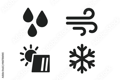 Solid glyph icon set showing weathering and natural effects. Vector symbols for rain, water resistance, wind erosion, sun UV degradation, and snow or frost damage.