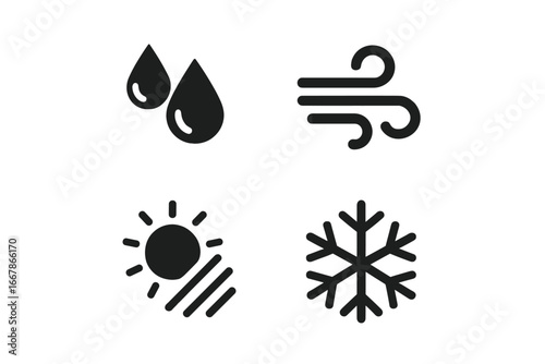 Weathering and climate effects solid icon pack. Glyph illustrations for rain, wind, sun, and snow. Icons for waterproof, windproof, UV resistant, and frost proof concepts.