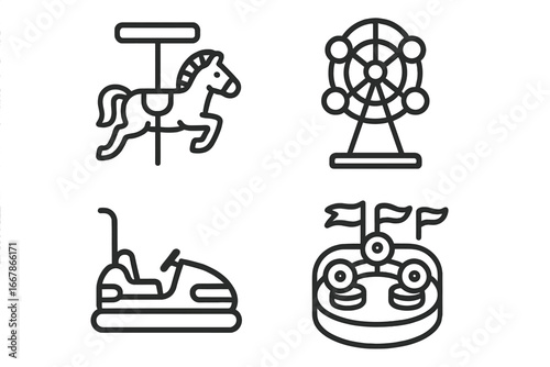 Carnival ride line icon set. Amusement park vector collection. Ferris wheel, carousel horse, bumper car, funfair attraction symbols. Minimalist outline illustration for design.
