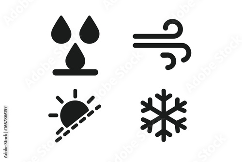 Weathering glyph icon set. Vector symbols of material properties and natural effects. Rain drop for waterproof, wind for windproof, sun for UV resistance, snowflake for frost proof.