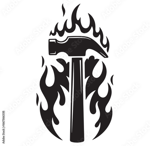 Black hammer surrounded by flames artwork representing strength power and construction