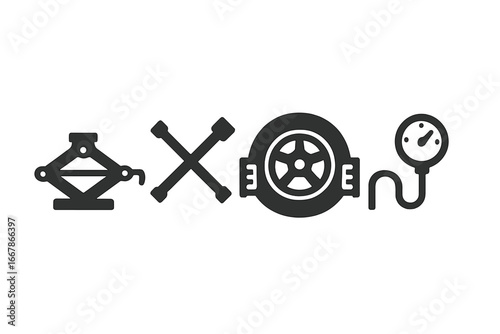 Car wheel service tool icon set. Vector flat glyph pictograms for auto repair. Scissor jack, lug wrench, tire iron, wheel alignment machine, and pressure gauge symbols.