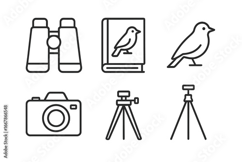 Bird watching icon set. Wildlife observation line icons. Ornithology hobby gear. Vector collection with binoculars, camera, tripod, field guide book and bird silhouette.