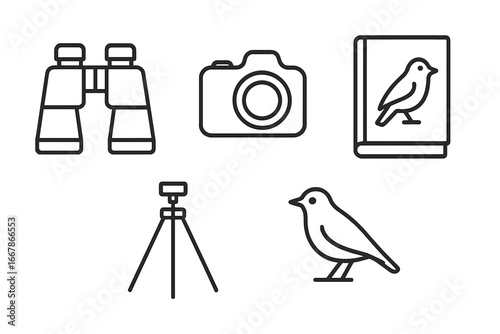 Birdwatching icon set for wildlife observation. Outline vector icons for birders: binoculars, camera, field guide, tripod, bird. For nature, safari, hiking, ornithology.