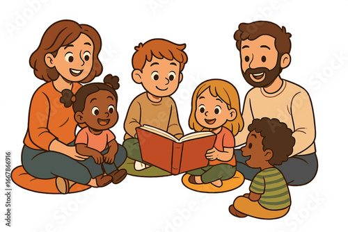 Happy diverse family reading a book together. Mother, father and children enjoy storytime. Education, learning concept. Kids in kindergarten or library. Vector illustration.