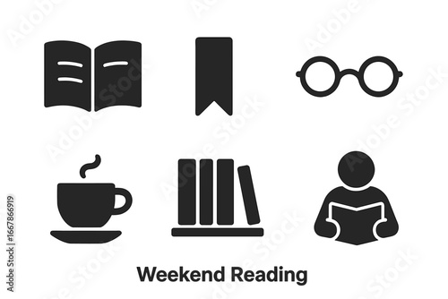 Weekend reading solid icon set. Includes open book, bookmark, eyeglasses, coffee cup, bookshelf, and reader pictogram. Concept for hobby, leisure, study, literature, and knowledge.
