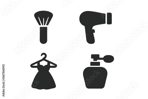 Wedding preparation solid glyph icon set. Bridal beauty and fashion symbols. Makeup brush, hairdryer, dress on hanger, perfume bottle. Getting ready for ceremony concept.