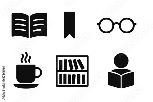 Reading solid icons set. Book, library, and education concept. Open book, bookmark, eyeglasses, coffee cup, bookshelf, and reader pictogram collection for web and apps.