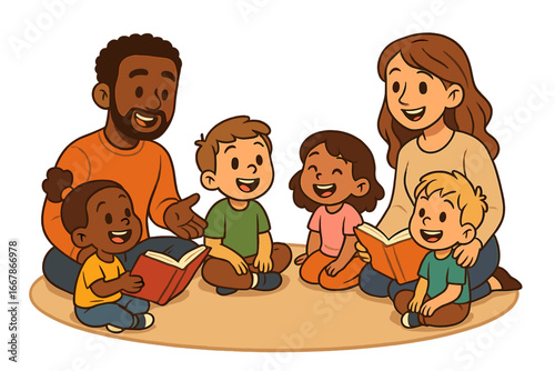 Happy diverse children enjoying storytime with caregivers. Man and woman reading books to kids. Early education, preschool, library, family bonding vector cartoon concept.