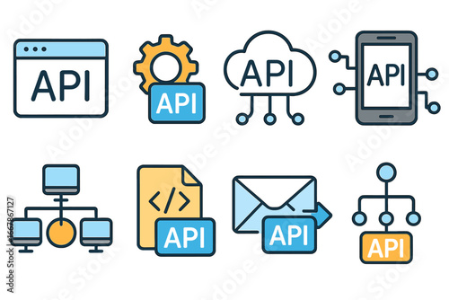 API icon set for software development. Application programming interface vector collection. Symbols for integration, connection, data exchange, cloud computing, mobile and web apps.