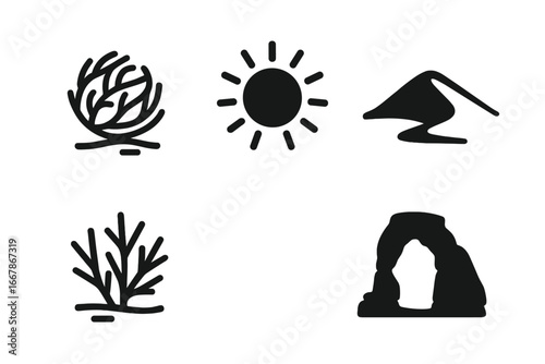 Solid icon set of Western desert elements. Tumbleweed, sun, sand dune, sagebrush, rock arch. Wild west, Arizona, Utah. Nature, travel, heat, arid landscape vector symbols.