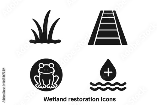 Wetland restoration icon set. Solid glyph icons of marsh grass, boardwalk path, frog amphibian symbol, and water quality improvement. Ecology conservation vector elements.