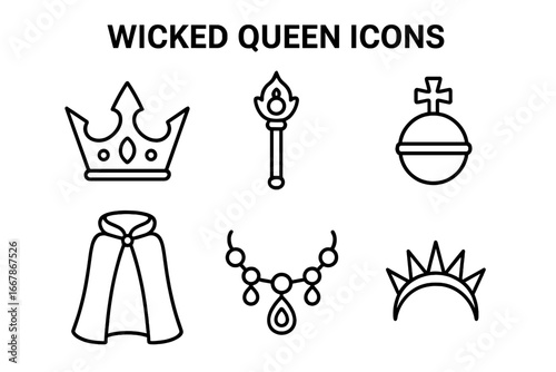 Wicked queen vector icon set. Outline symbols of royal accessories like crown, scepter, orb, cloak, necklace, and tiara. Evil monarchy, fairytale villain & fantasy concepts.