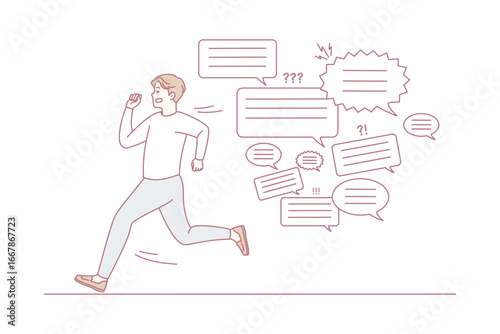 Unhappy stressed man running from messages and text notices. Anxious guy quit notifications feel annoyed and overwhelmed with spam. Vector illustration.