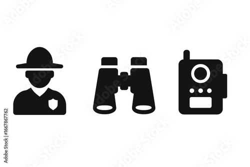 Wildlife conservation vector icon set. Forest ranger, park officer, binoculars and trail camera symbols. Nature protection, poaching surveillance and animal observation concept.