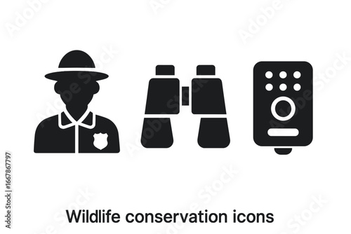 Wildlife conservation solid icon set. Forest ranger, binoculars, and trail camera trap. Vector glyphs for park service, nature protection, animal observation and surveillance.