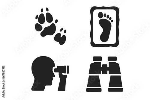 Wildlife tracking solid icon set. Animal tracks, human footprint cast, and observation silhouette. Concept for safari, hiking, nature exploration, and spotting. Vector icons.