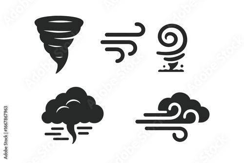 Wind storm icon set. Tornado, whirlwind, gust, gale force weather symbols. Meteorology concept. Air flow, blowing wind, dust devil, twister vector glyph illustration.