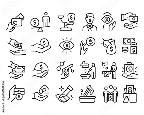 Set of outline icons related to corruption. Linear icon collection