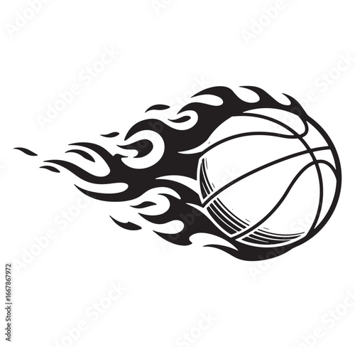 Burning basketball vector illustration depicting speed and athleticism in dynamic black and white design