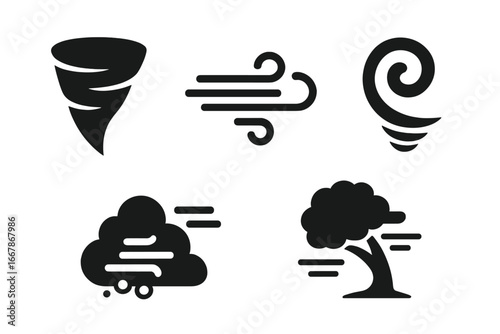Wind phenomena icons set. Solid glyph vector collection of weather events like tornado, gust of wind, whirlwind, dust storm, and gale force winds blowing tree. Climate concept.