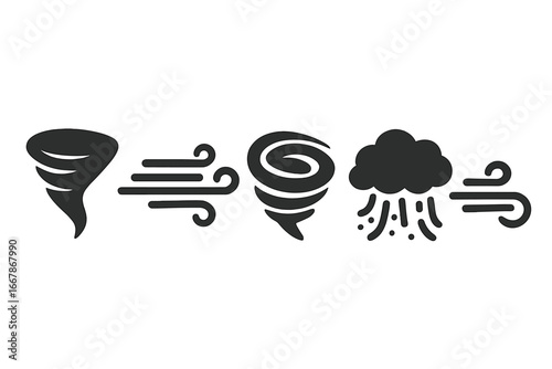 Wind and weather solid vector icon set. Meteorology symbols. Tornado, hurricane, cyclone, storm, gust, gale force, breeze, rain, snow, blizzard. Climate forecast concept.