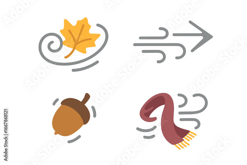Windy autumn weather icon set. Flat vector illustration of fall season symbols. Swirling maple leaf, wind gust arrow, falling acorn, flying scarf. Seasonal design elements.