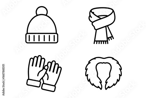 Winter accessories outline icon set. Vector collection of cold weather clothing symbols like knit beanie hat, scarf, gloves, and fur hood. Minimalist line art pictogram.
