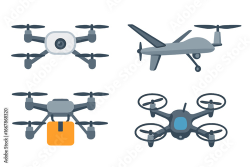 Set of various modern drones. Unmanned aerial vehicle for delivery and surveillance. Quadcopter with camera. Remote control aircraft icon collection. Vector illustration.