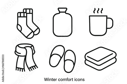Winter comfort items outline icon set. Cozy hygge lifestyle essentials. Vector graphics of wool socks, hot water bottle, tea mug, scarf, slippers, blanket for cold season.