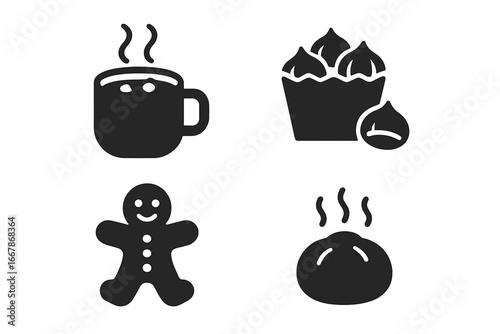 Winter food solid icon set. Glyph symbols of seasonal food and drinks. Hot chocolate, roasted chestnuts, gingerbread man cookie, steaming bun. Cozy Christmas holiday vector elements.