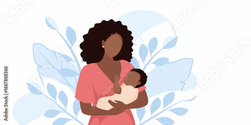African American mother holding her newborn baby with floral background illustration