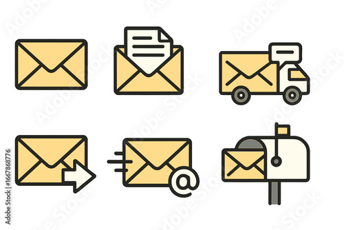 Mail and email icon set. Vector collection of envelope, letter, delivery truck, and mailbox symbols. Communication, post, and shipping concept for web and mobile apps.