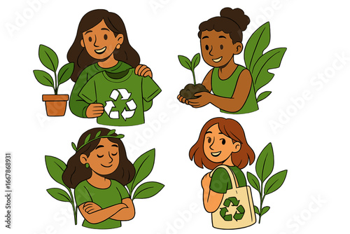 Eco friendly women character set showing sustainable fashion and green lifestyle. Girl planting a sprout, using a reusable tote bag, and wearing a recycle shirt. Vector illustration.