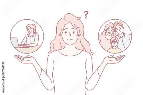 Frustrated woman making decision between family and work. Unhappy confused female think compare motherhood and job. Dilemma concept. Vector illustration.
