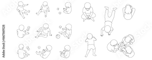 CAD-style minimal line drawings of children playing and sitting on the floor, shown from above in top perspective view, vector illustration for architectural layouts and educational design projects